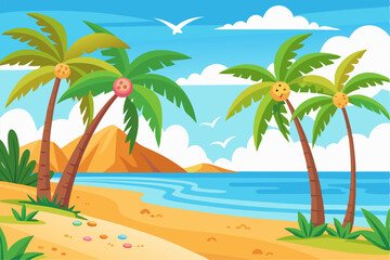 Vibrant vector illustration of a tropical beach with golden sand, turquoise ocean waves, and lush palm trees under a bright blue sky.