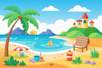 Vibrant vector illustration of a tropical beach with golden sand, turquoise ocean waves, and lush palm trees under a bright blue sky.