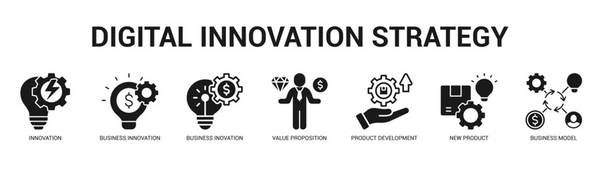 Digital Innovation Strategy Modern and clean web banner illustration featuring thematic icons for visual communication