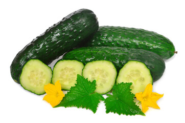 Cucumbers with leaves and flowers isolated on white background. Healthy vegetable