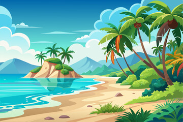 Vibrant vector illustration of a tropical beach with golden sand, turquoise ocean waves, and lush palm trees under a bright blue sky.