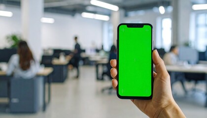 A hand holds a smartphone with a green screen in a modern, open-plan office setting with blurred people working in the background.