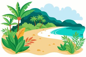 Vibrant vector illustration of a tropical beach with golden sand, turquoise ocean waves, and lush palm trees under a bright blue sky.