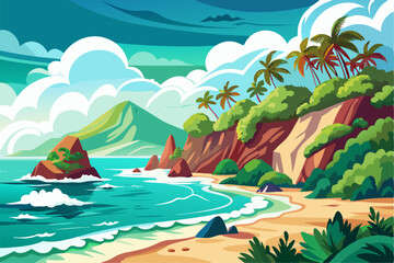 Vibrant vector illustration of a tropical beach with golden sand, turquoise ocean waves, and lush palm trees under a bright blue sky.