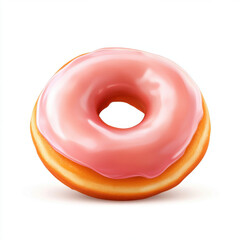 Delicious pink frosted donut with golden brown base, on white background.