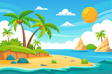 Vibrant vector illustration of a tropical beach with golden sand, turquoise ocean waves, and lush palm trees under a bright blue sky.
