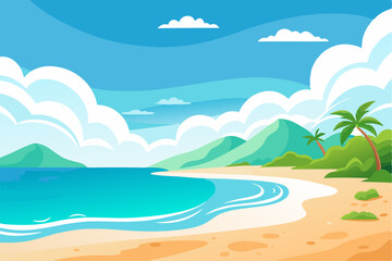 Vibrant vector illustration of a tropical beach with golden sand, turquoise ocean waves, and lush palm trees under a bright blue sky.