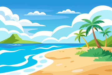 Vibrant vector illustration of a tropical beach with golden sand, turquoise ocean waves, and lush palm trees under a bright blue sky.