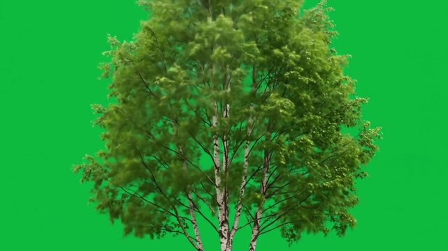 Isolated birch tree with green leaves and white bark against a bright green background chroma key effect