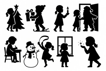 Fototapeta premium Christmas Child Silhouette Icons, Flat Design Festive Kids Set