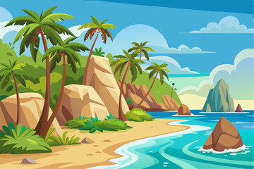 Obraz premium Vibrant vector illustration of a tropical beach with golden sand, turquoise ocean waves, and lush palm trees under a bright blue sky.