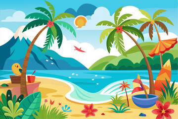 Vibrant vector illustration of a tropical beach with golden sand, turquoise ocean waves, and lush palm trees under a bright blue sky.