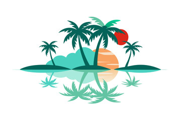 Vibrant vector illustration of a tropical beach with golden sand, turquoise ocean waves, and lush palm trees under a bright blue sky.