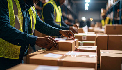 warehouse workers tagging products at warehouse aisle.  Generated Image