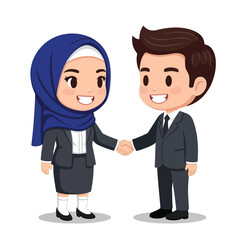 Cartoon illustration of two business professionals shaking hands, a woman in a hijab and a man in a suit.