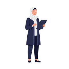 A woman in a hijab and business attire, holding a clipboard.