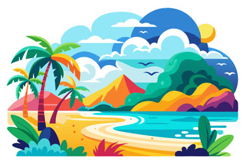 Vibrant vector illustration of a tropical beach with golden sand, turquoise ocean waves, and lush palm trees under a bright blue sky.