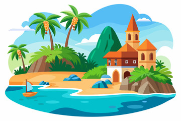 Vibrant vector illustration of a tropical beach with golden sand, turquoise ocean waves, and lush palm trees under a bright blue sky.