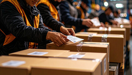 warehouse workers tagging products at warehouse aisle.  Generated Image