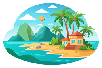 Vibrant vector illustration of a tropical beach with golden sand, turquoise ocean waves, and lush palm trees under a bright blue sky.