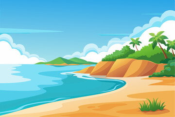 Vibrant vector illustration of a tropical beach with golden sand, turquoise ocean waves, and lush palm trees under a bright blue sky.