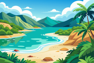 Vibrant vector illustration of a tropical beach with golden sand, turquoise ocean waves, and lush palm trees under a bright blue sky.