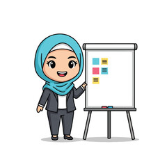 Cartoon businesswoman in hijab giving a presentation at a whiteboard.