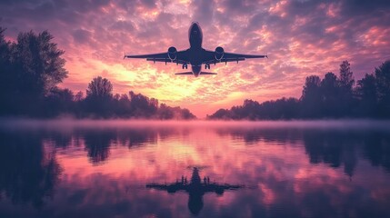 Majestic Airplane Takes Flight at Sunrise over Misty River