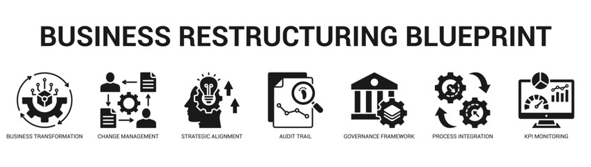 Business Restructuring Blueprint Modern and clean web banner illustration featuring thematic icons for visual communication