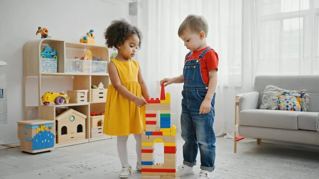 Diverse Children Playing with Colorful Blocks in a Bright Kindergarten Room