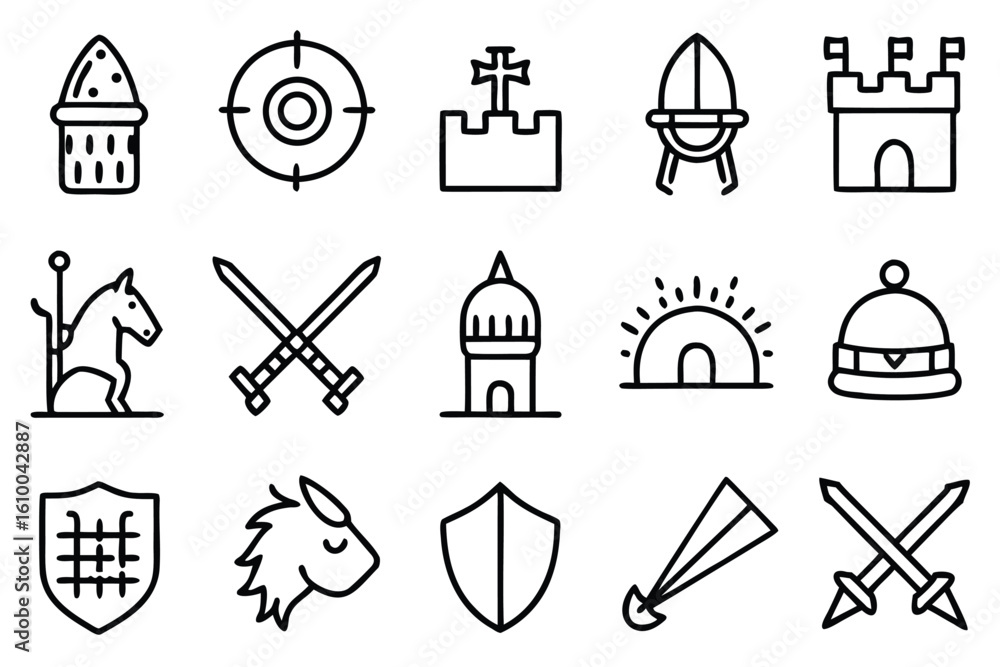 Poster grid of 16 simple line art icons representing various concepts and objects
