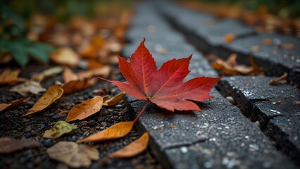 A crisp close-up of a red leaf just moments before touching the ground, with rich texture and color in sharp detail, surrounded by scattered leaves on a stone path, highlighting the quiet beauty of th