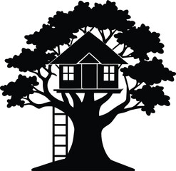  treehouse built in tall oak vector art illustration