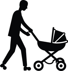 parent pushing baby stroller vector art illustration