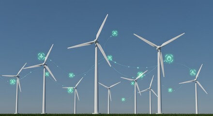 Wind turbines generating electricity in a serene landscape viewed from a distance with image effects