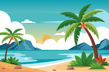 Fototapeta premium Vibrant vector illustration of a tropical beach with golden sand, turquoise ocean waves, and lush palm trees under a bright blue sky.