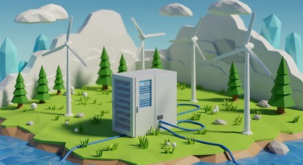 Future of cloud computing showing a server rack powered by wind turbines in a low poly landscape. Green technology and renewable energy concept.