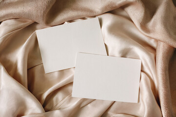 Two 3.5x5 RSVP Cards Invitation Mockup on Champagne Satin, Horizontal Stationery