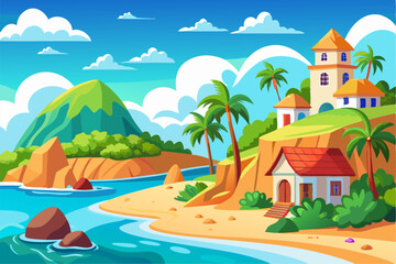 Fototapeta premium Vibrant vector illustration of a tropical beach with golden sand, turquoise ocean waves, and lush palm trees under a bright blue sky.