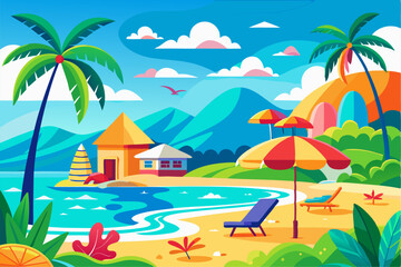 Vibrant vector illustration of a tropical beach with golden sand, turquoise ocean waves, and lush palm trees under a bright blue sky.