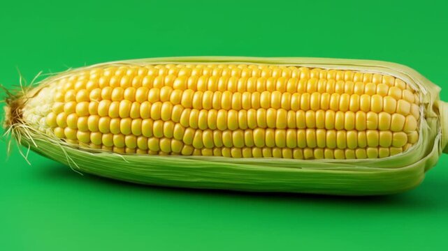 Close up of a single ear of corn with green husk on a solid green background studio shot still life