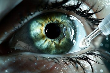 Close up macro of green eye receiving medical eye drop from pipette, high resolution view of iris detail and moisture application, ophthalmology treatment, eye care hydration, vision correction therap