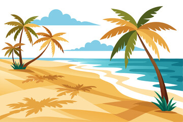 Obraz premium Vibrant vector illustration of a tropical beach with golden sand, turquoise ocean waves, and lush palm trees under a bright blue sky.