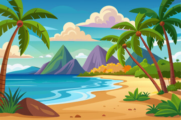 Fototapeta premium Vibrant vector illustration of a tropical beach with golden sand, turquoise ocean waves, and lush palm trees under a bright blue sky.