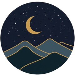 Naklejka premium Abstract Night Scene With Moon And Mountains In Circle