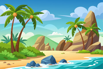 Vibrant vector illustration of a tropical beach with golden sand, turquoise ocean waves, and lush palm trees under a bright blue sky.