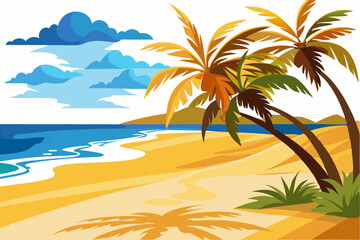Vibrant vector illustration of a tropical beach with golden sand, turquoise ocean waves, and lush palm trees under a bright blue sky.