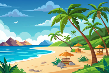 Vibrant vector illustration of a tropical beach with golden sand, turquoise ocean waves, and lush palm trees under a bright blue sky.