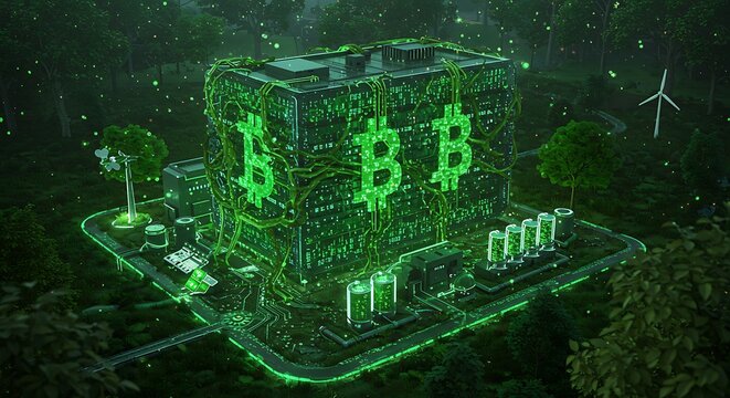 Eco-friendly cryptocurrency mining concept. A sustainable data center with green renewable energy in a futuristic nature setting.