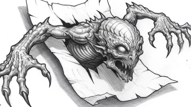 Emerging Horror: Detailed Sketch of a Monster Ripping Through Paper